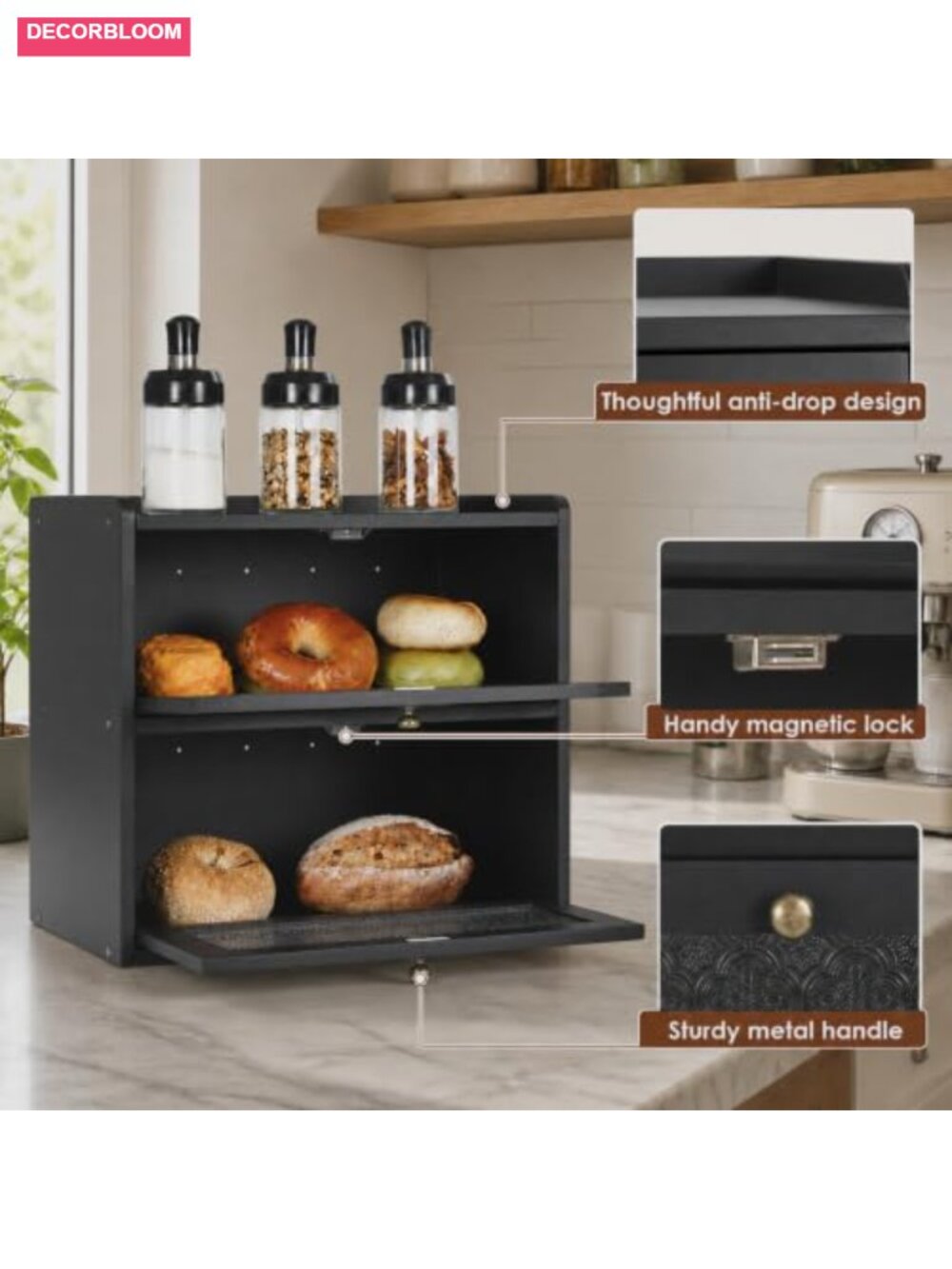 Large Pine Wood Bread Box with Magnetic Doors and Air Vents for Kitchen Counter - Picture 4 of 6